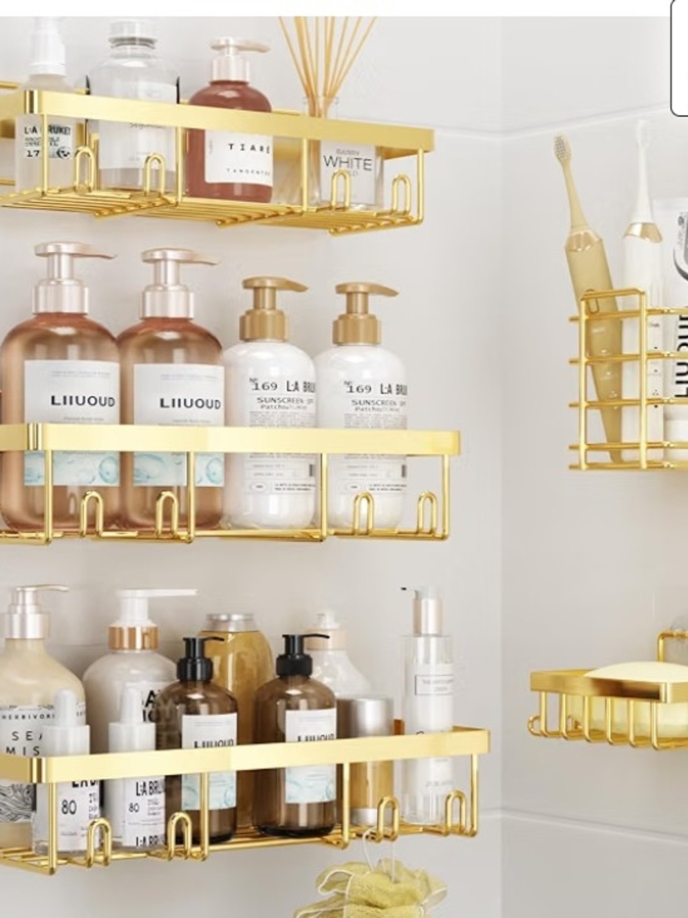 5 Pieces Gold Wall-Mounted Bathroom Shelf Organizer